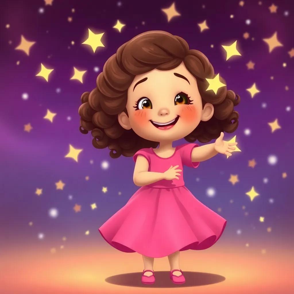Ella, a young girl with curly brown hair in a pink dress, having a magical moment dancing with stars, rich background with bright twinkles and smiles, heartwarming scene, cheerful tone, child-friendly, digital art, high quality