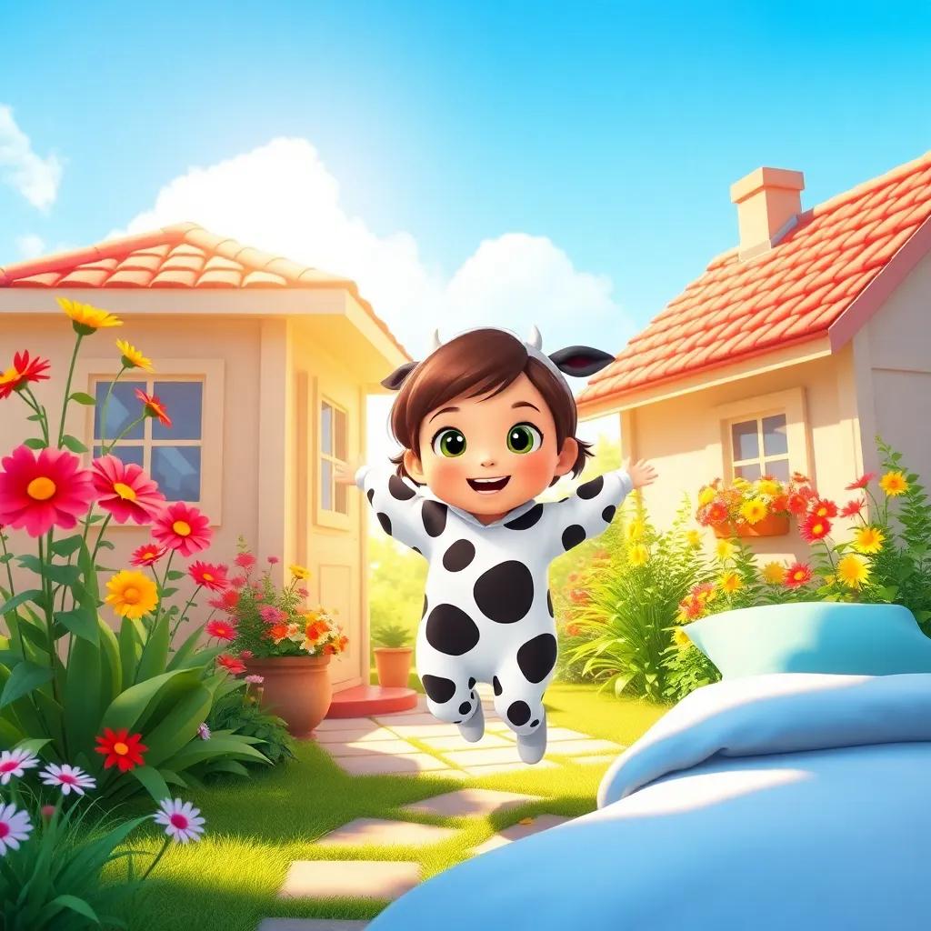 A bright morning scene outside a cozy house with colorful flowers, a young girl named Ellie, a 7-year-old girl with short brown hair, wearing a cheerful cow costume, jumping out of bed excitedly, digital art, vibrant colors, joyful atmosphere, high quality