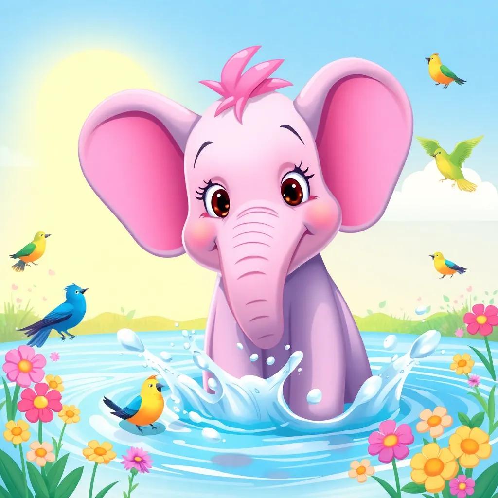 Ellie the elephant, with cheerful eyes, announcing her splash party to her friends, a sunny morning with birds and flowers around, colorful illustration, inviting and happy scene, playful mood