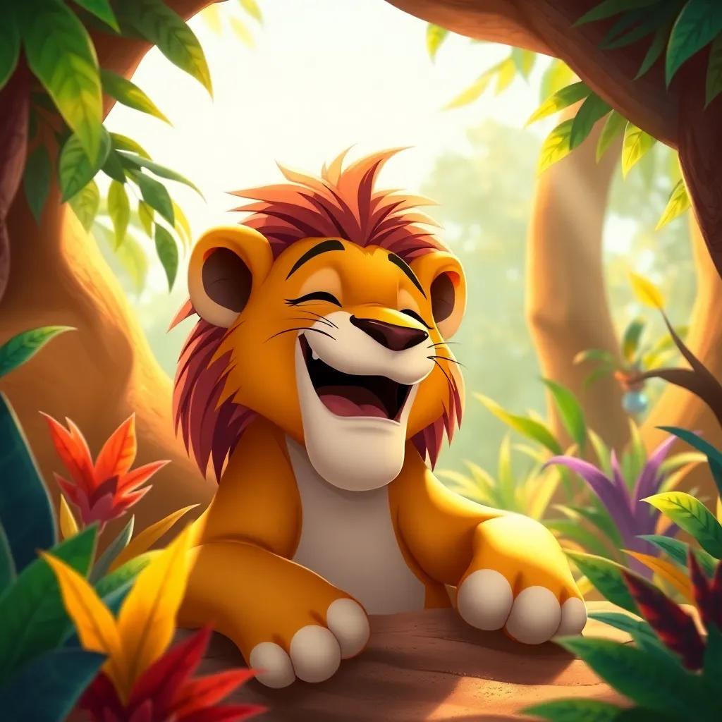 A relaxed lion, Leo, in a sunny jungle den, yawning, with a big smile at Ellie's invite, surrounded by colorful jungle plants and warm sunlight, detailed, playful and friendly vibe