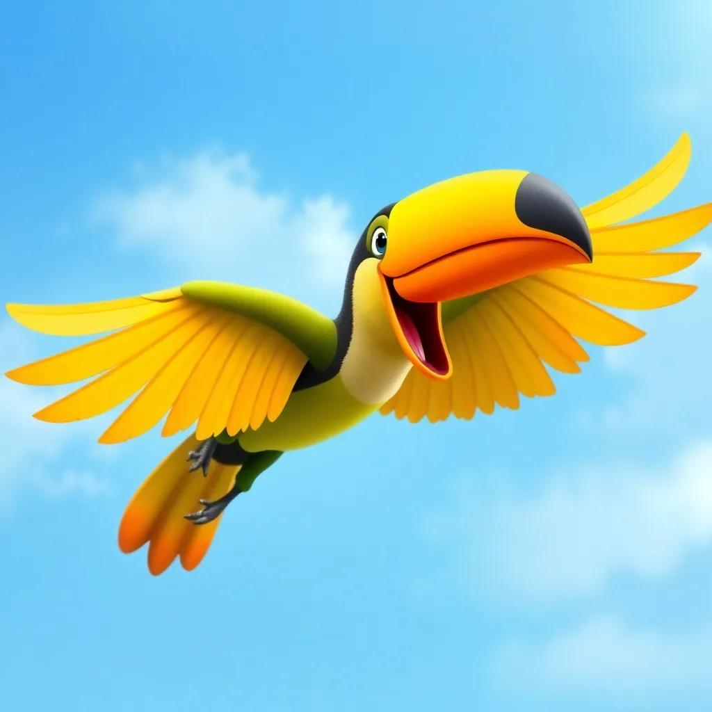 A colorful toucan named Tara, with bright feathers, excitedly flying to Ellie's splash party invitation against a blue sky, cheerful and lively illustration, bright colors, high quality