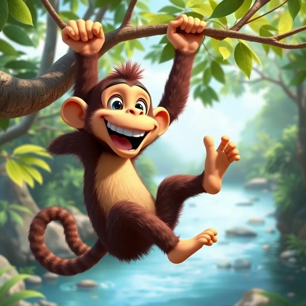 A playful monkey named Benny, swinging joyfully from tree branches towards the river, ready for the party with a big smile, detailed and colorful environment, dynamic and fun