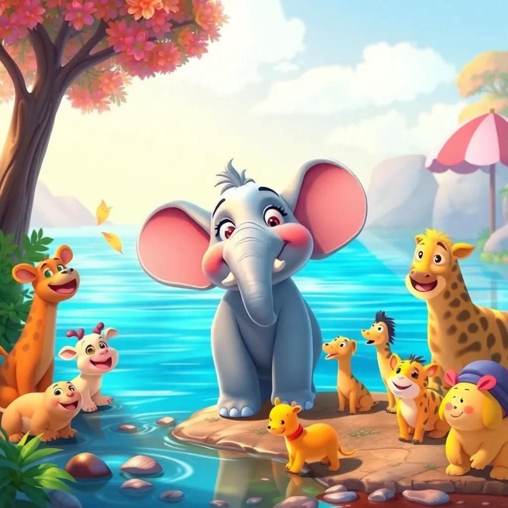 A vibrant scene of Ellie the elephant excitedly standing at the riverbank, all her animal friends gathered around, ready for fun, cheerful tones, lively atmosphere, digital art