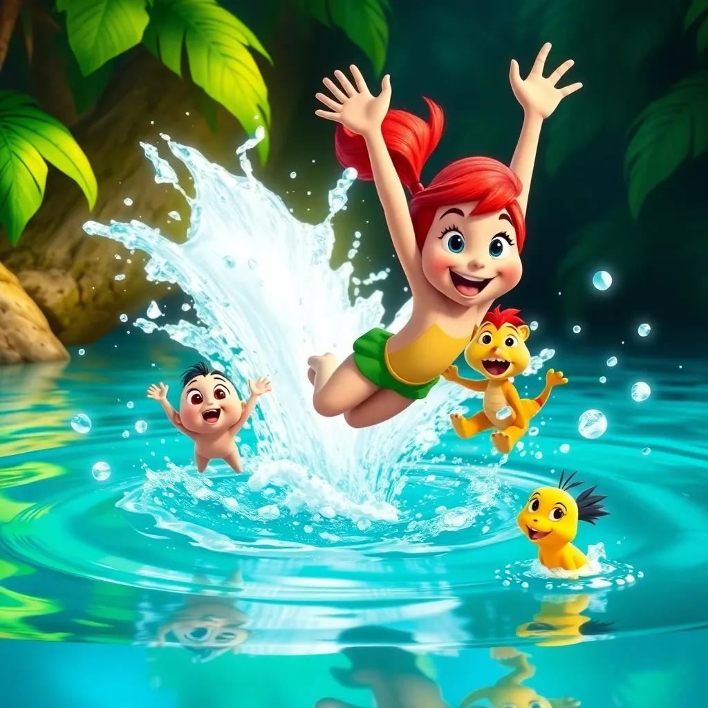 Ellie jumping into the water with a huge splash, her jungle friends leaping in joy beside her, water droplets sparkling in the sun, lively scene, colorful and energetic, bright and cheerful
