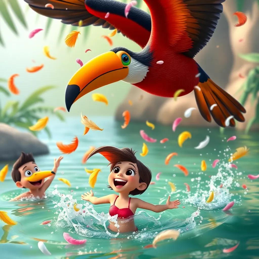 A colorful toucan dropping feather confetti from above while Ellie and her friends splash in the water, joyful environment, rich colors, playful atmosphere, high quality