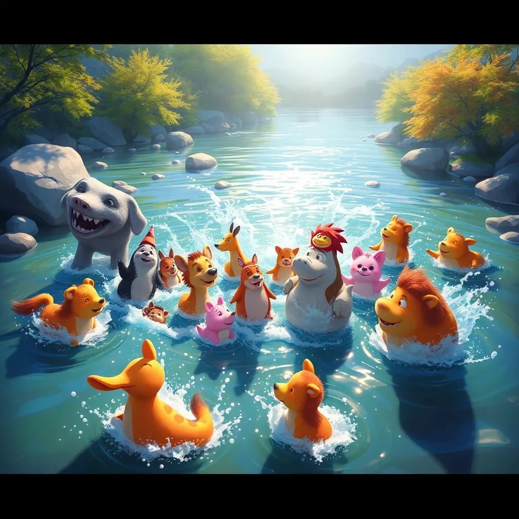 A festive scene with all animals splashing together in the river, the sun shining down, playful splashes in the water, heartfelt and joyous vibe, digital painting, vivid colors
