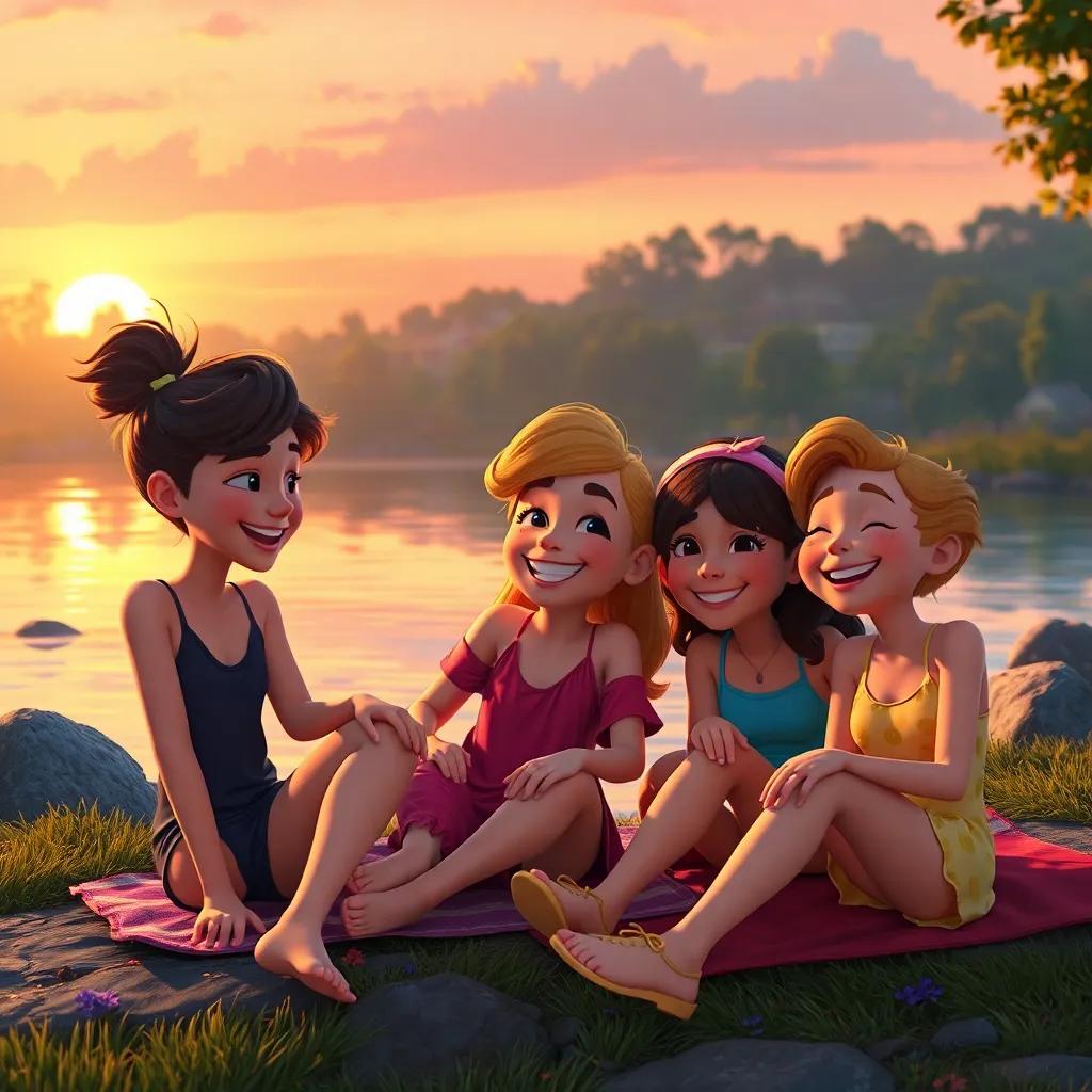 Ellie and her friends relaxing by the river at sunset, smiling and laughing, sharing their happiness after the splash party, beautiful warm lighting, heartwarming and friendly, inviting scene