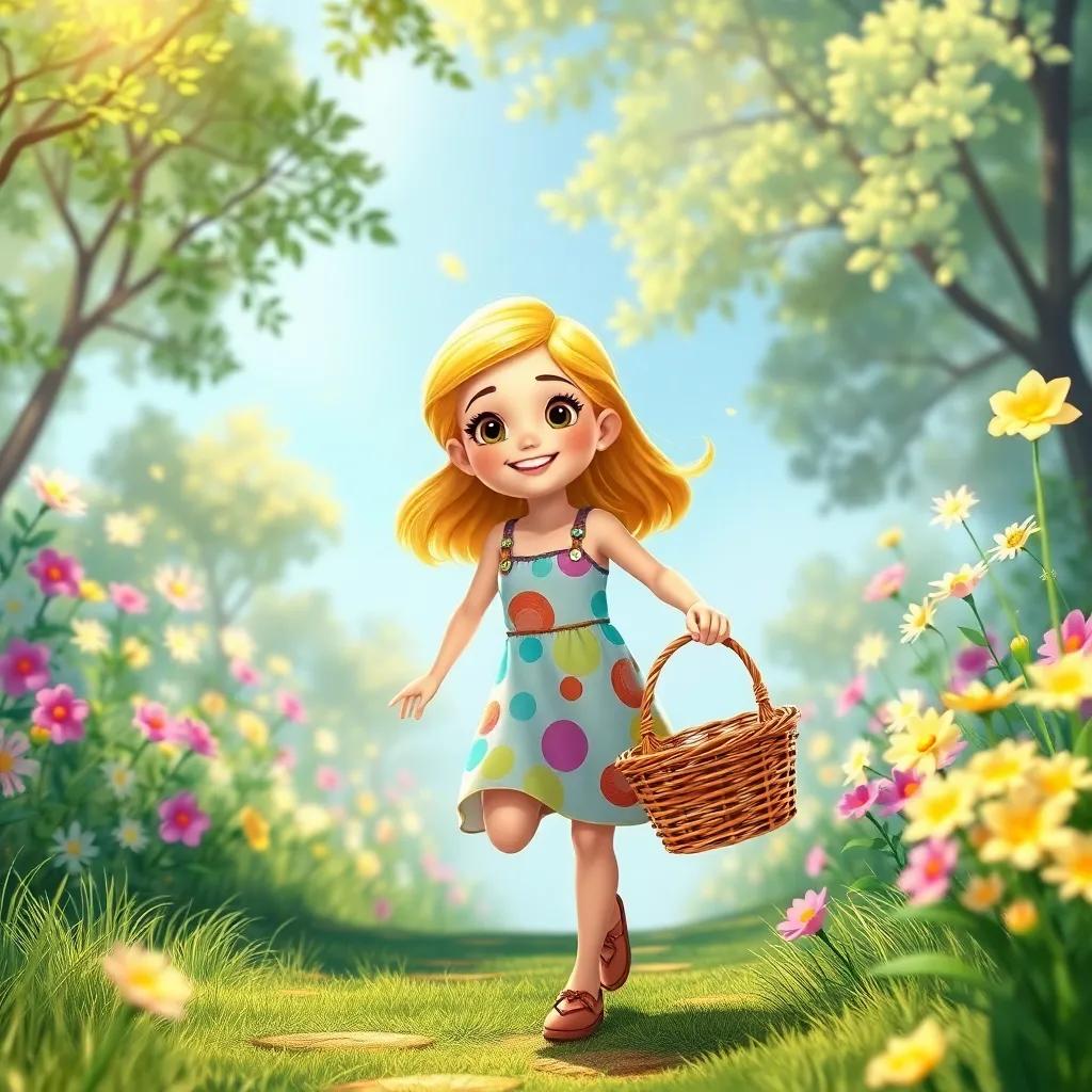 A cheerful girl, Ellie, with golden hair wearing a colorful dress, carrying a picnic basket heading to a magical glade with sparkling flowers, bright and sunny, cheerful setting, vibrant colors, joyful atmosphere, digital art