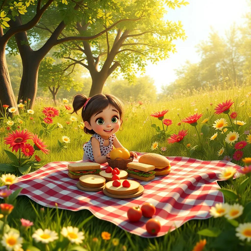 Ellie laying out a checkered blanket covered with sandwiches and fruits in a glade filled with dancing flowers and vibrant greenery, warm sunlight filtering through trees, happy anticipation, whimsical style, high-quality