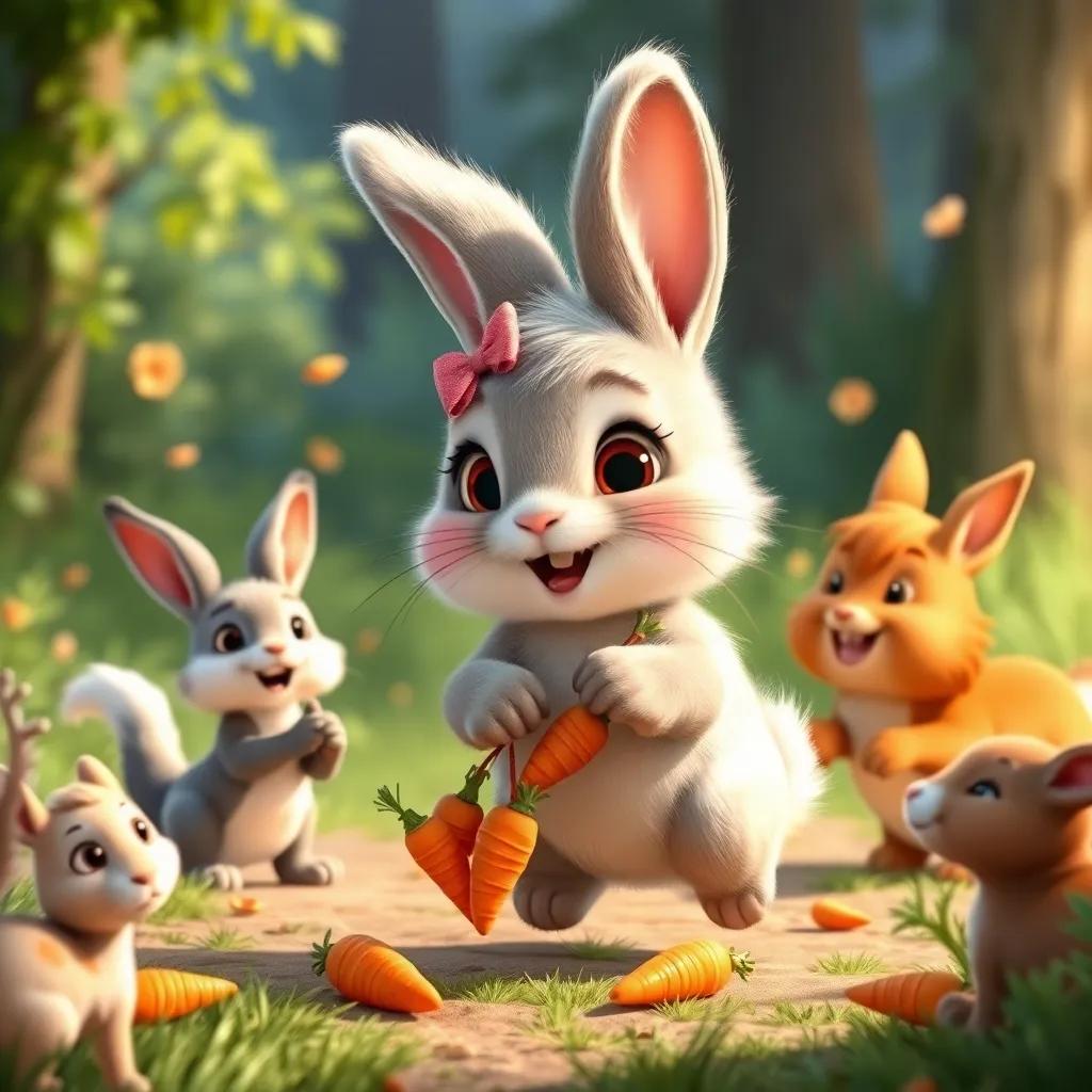 Ruby, a cute rabbit with fluffy ears and a tiny bow, hopping over with fresh carrots, joined by playful woodland animals around Ellie, joy and excitement in the air, vivid details, heartwarming scene