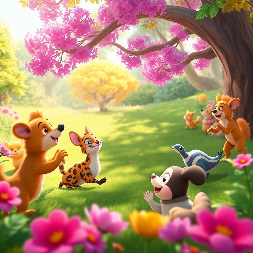 A scene of animals playing tag and hide-and-seek with Ellie, laughter filling the bright glade, colorful woodland and detailed characters, dynamic and lively, cheerful atmosphere, vibrant artwork