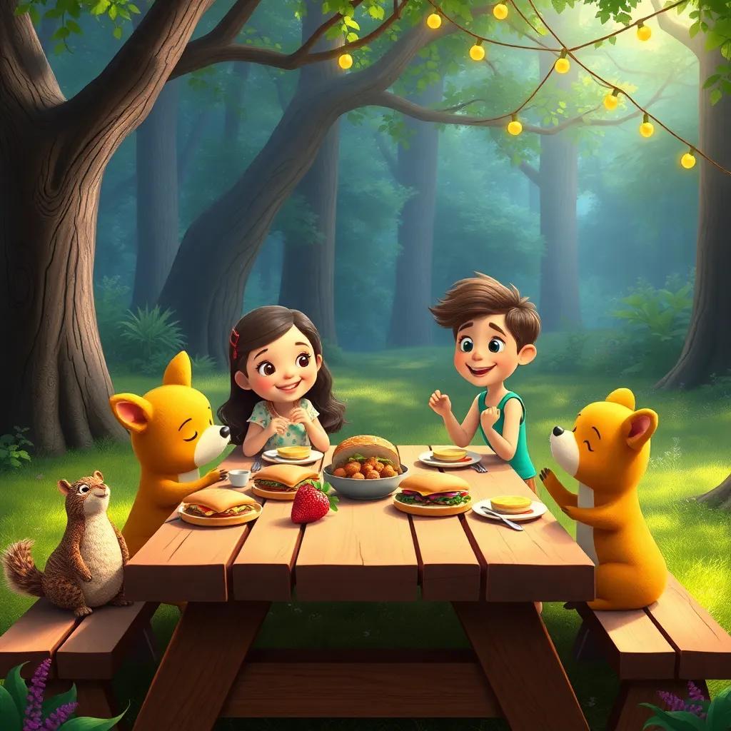 The picnic table with Ellie and animals, sharing delicious sandwiches and fruit, filled with joy and laughter in the magical glade, soft light, cozy and inviting, magical charm, child-friendly