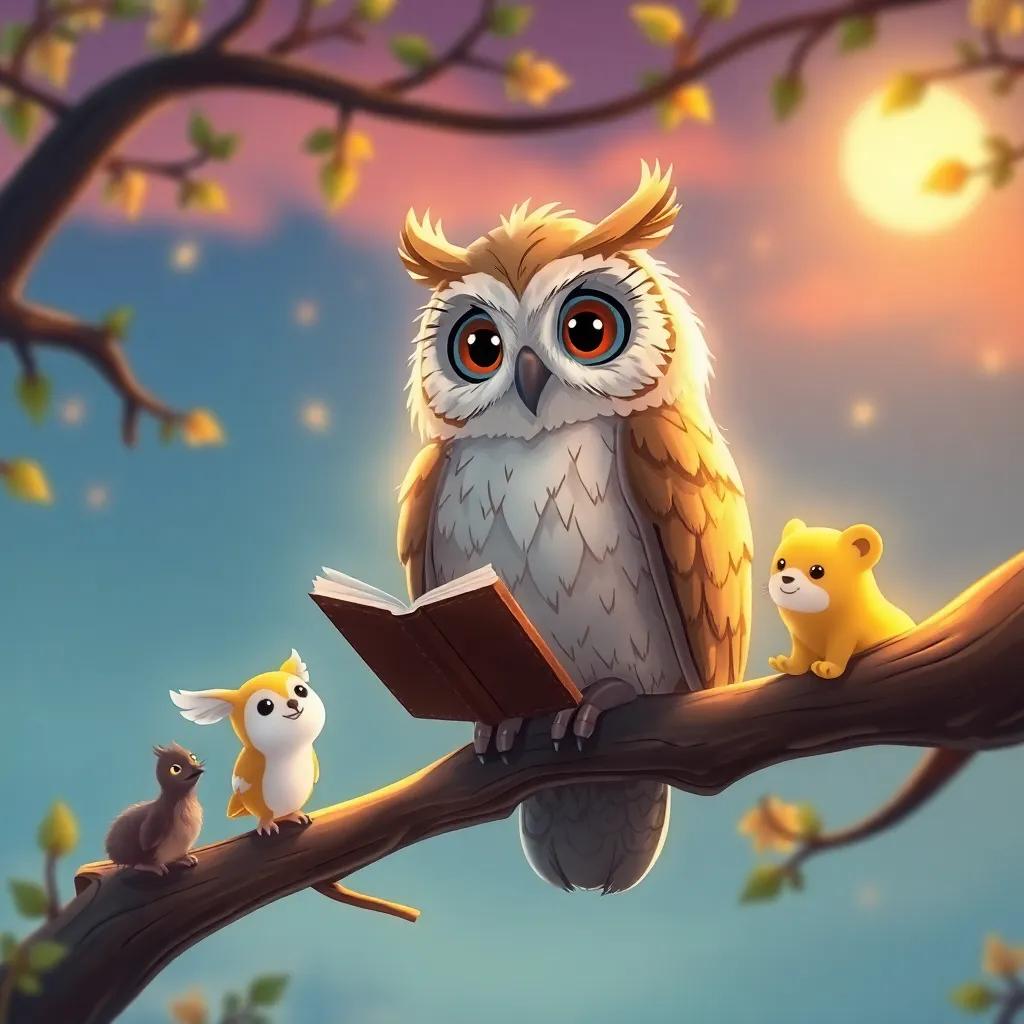 A wise old owl perched on a branch, listening to stories from Ellie and her animal friends, warm shades of evening light, storytelling, imaginative atmosphere, cute illustration