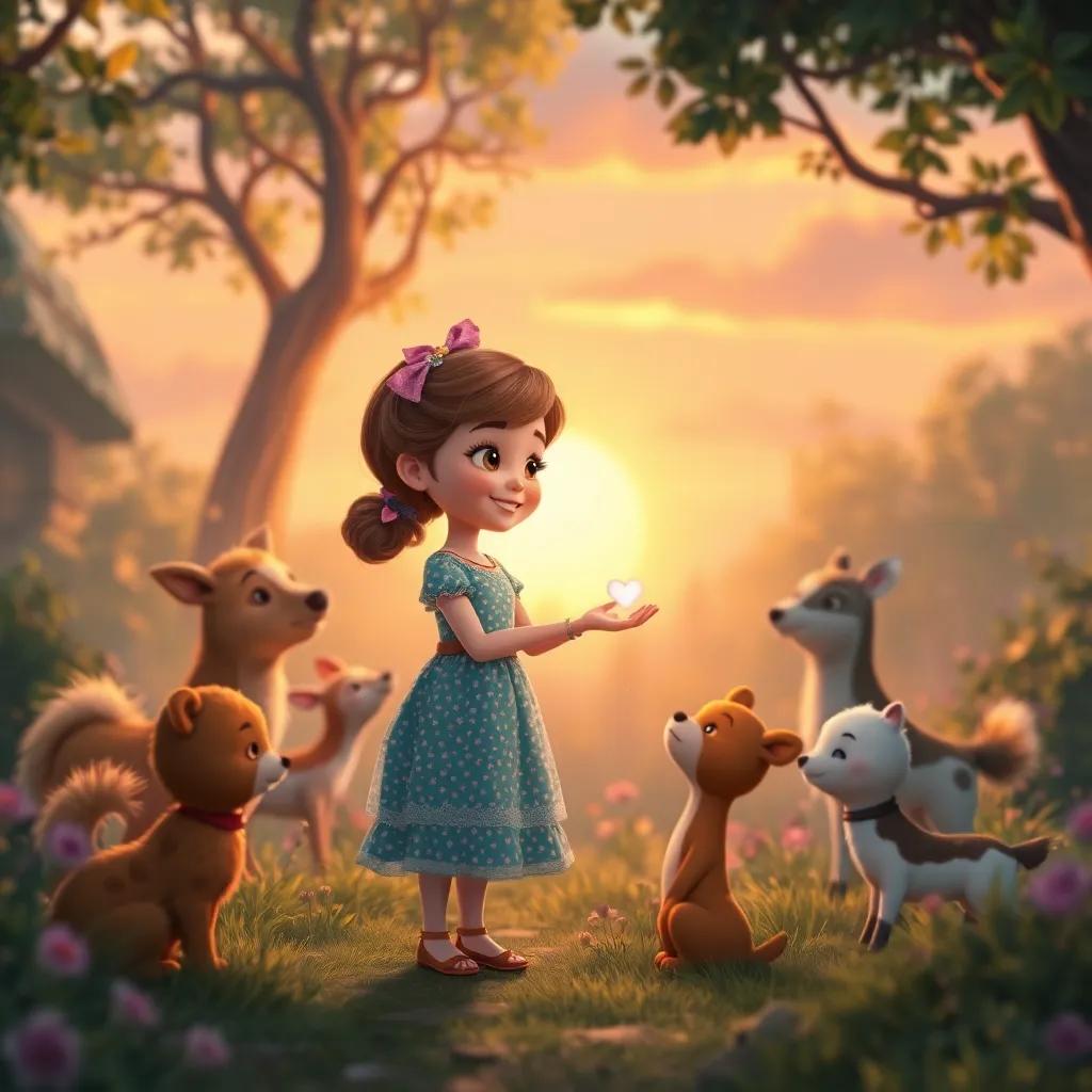 Ellie, bidding goodbye to her animal friends in the magical glade, with the sun setting in the background, her heart filled with joy, soft hues of sunset, nostalgic vibe, artistic style