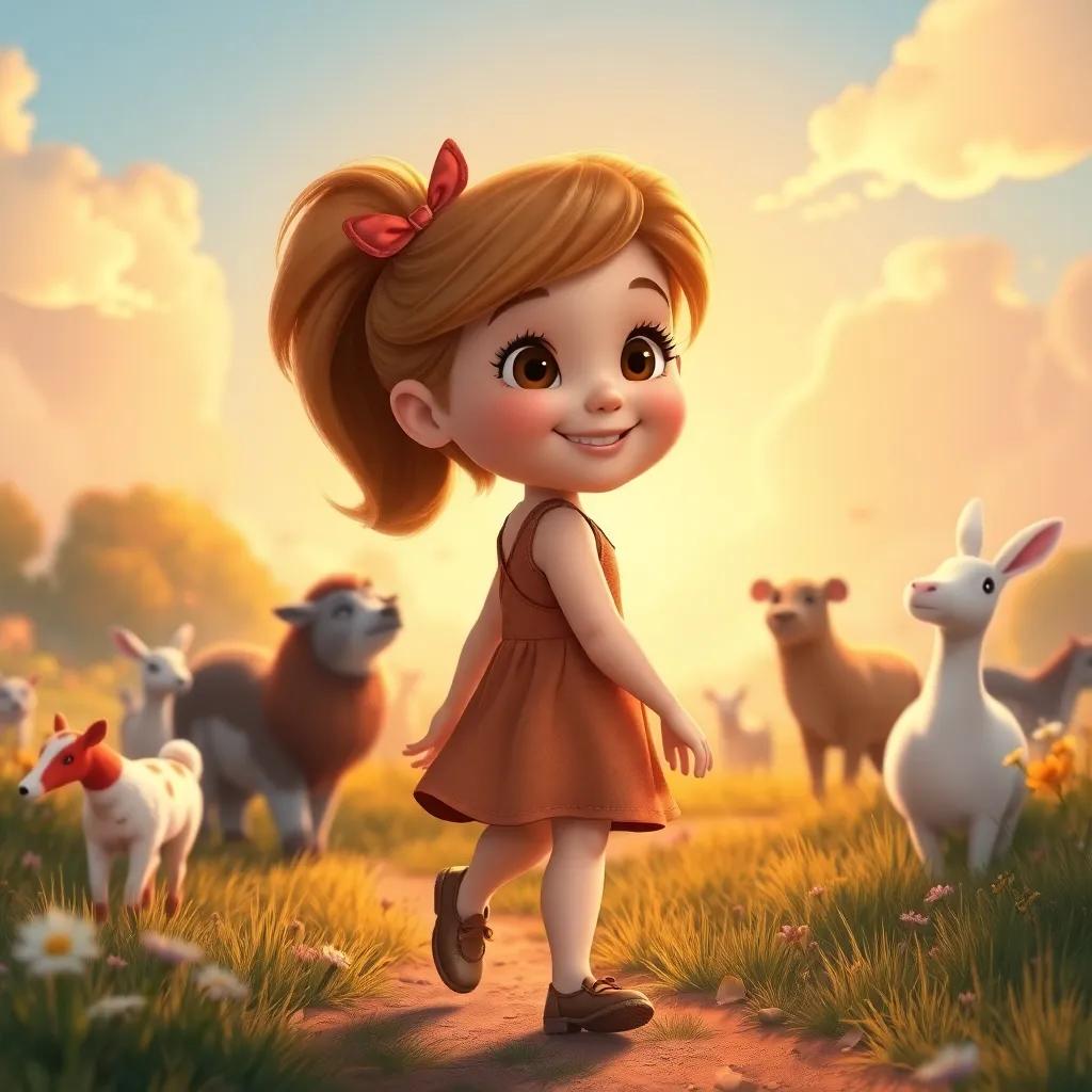 Ellie, walking home with a smile, glancing back at the magical glade with waving animals, golden sky and soft clouds, warm and uplifting, charming scene