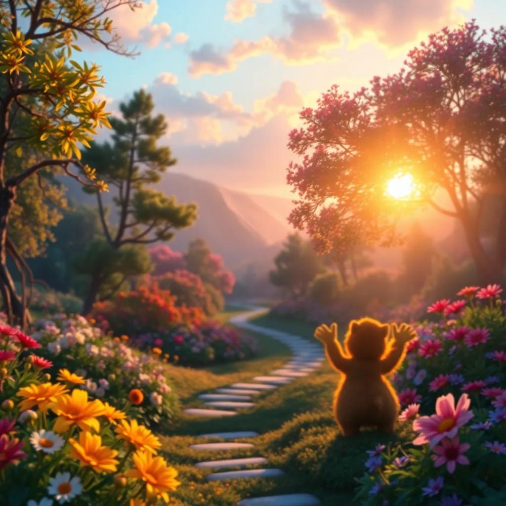 A final shot capturing the magical glade shimmering under the sunset, colorful flowers and friendly animals seen faintly waving goodbye, enchanting landscape, vivid colors, high-resolution