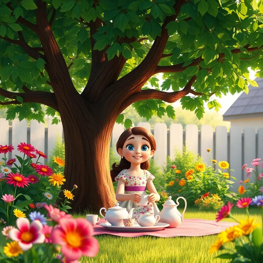 Ellie, a cheerful girl with bright eyes and a colorful dress, setting up a tea party under a large shady tree, surrounded by vibrant flowers in her backyard, digital art, colorful, inviting atmosphere, warm light, high quality