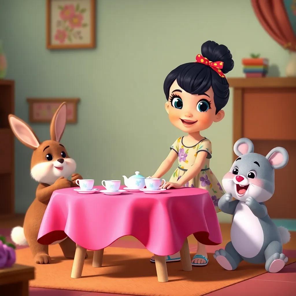 Ellie, a cheerful girl with bright eyes in a colorful dress, laying a pink tablecloth on a small table with tiny teacups and plates, with Mr. Bunny and Lucy the bear excitedly observing, illustration, cozy setting, child-friendly, vibrant