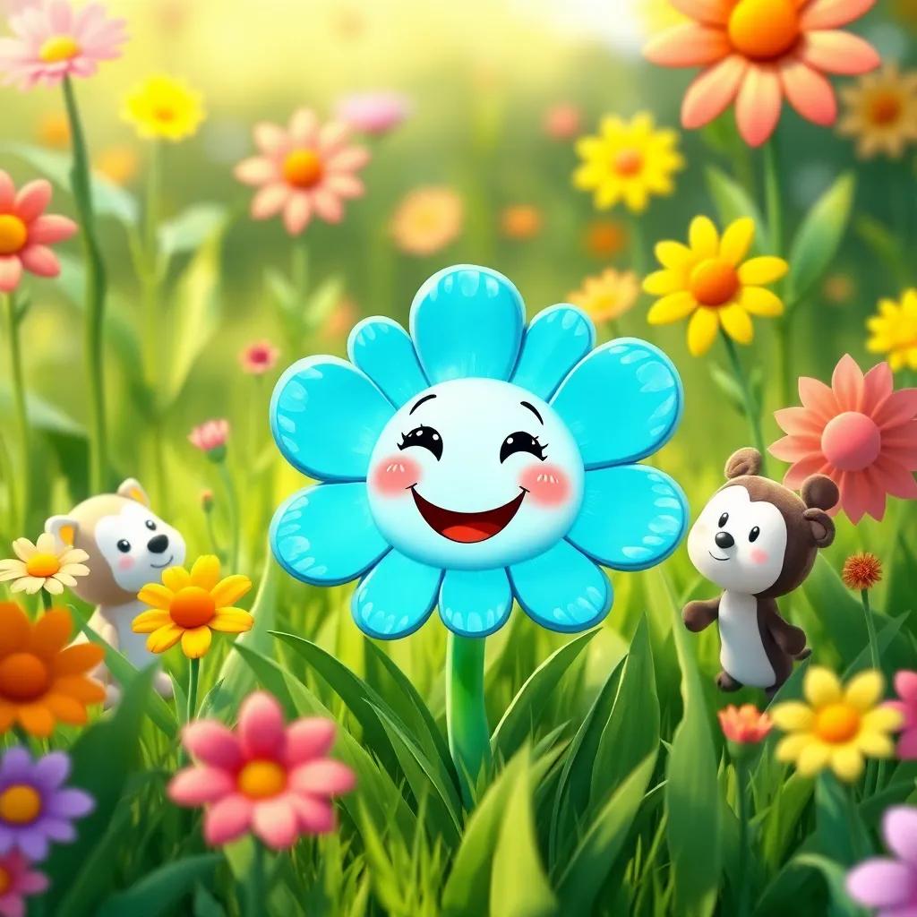 A cheerful blue flower with a smiling face popping up from the grass, speaking to Ellie and her stuffed animals, surrounded by colorful flowers that are wiggling, bright and cheerful, whimsical, fantasy-inspired