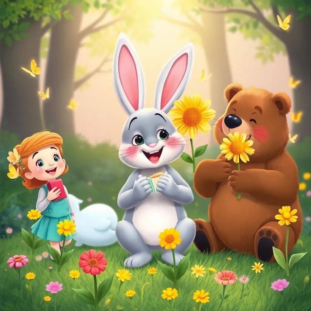 Ellie, Mr. Bunny, Lucy the bear, and talking flowers enjoying snacks, dancing and singing, with little butterflies fluttering around in the background, digital illustration, joyful, imaginative, colorful