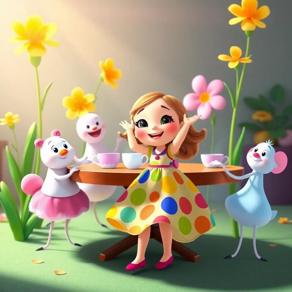 Ellie, a cheerful girl in a colorful dress and her friends dancing around the tea table, with tall yellow and soft pink flowers joining in, vibrant colors, whimsical atmosphere, child-friendly