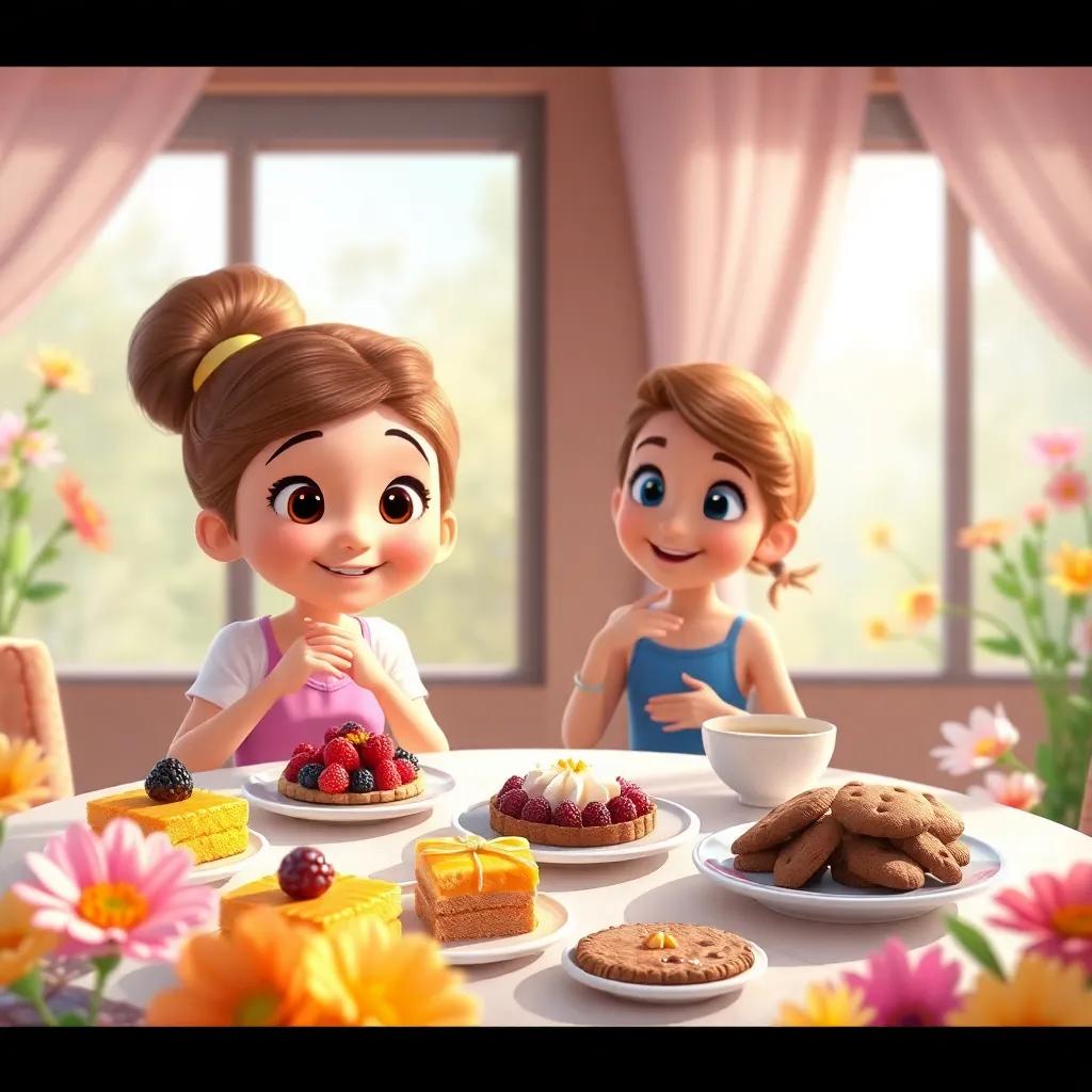 Ellie and her friends enjoying delicious snacks on the table, with honey cakes, berry tarts, chocolate chip cookies displayed, surrounded by colorful flowers that seem to sway with the music, warm light, delightful scene, high detail
