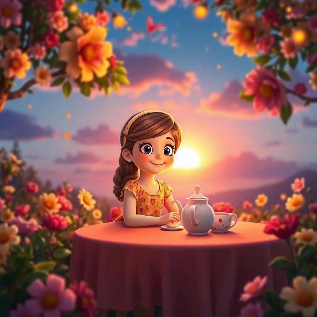 Ellie, a cheerful girl with bright eyes in her colorful dress, sitting at the tea party table watching the sunset with her friends, surrounded by dancing flowers, creating a magical glow in the sky, vibrant colors, heartwarming view, high quality