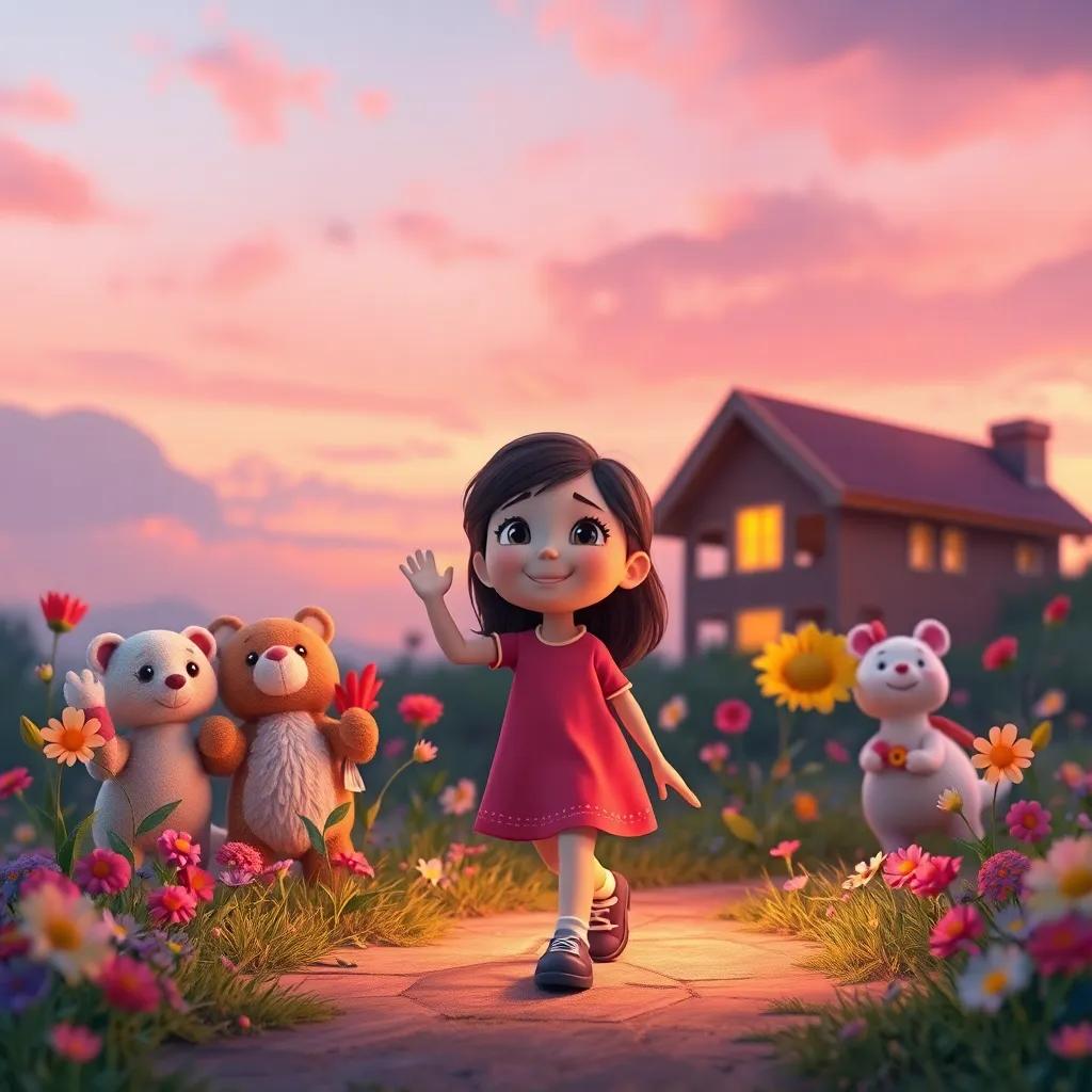 A group of happy stuffed animals and colorful flowers waving goodbye to Ellie, as she walks home with a smile, the evening sky painted pink and orange, nostalgic atmosphere, rich colors, magical feeling
