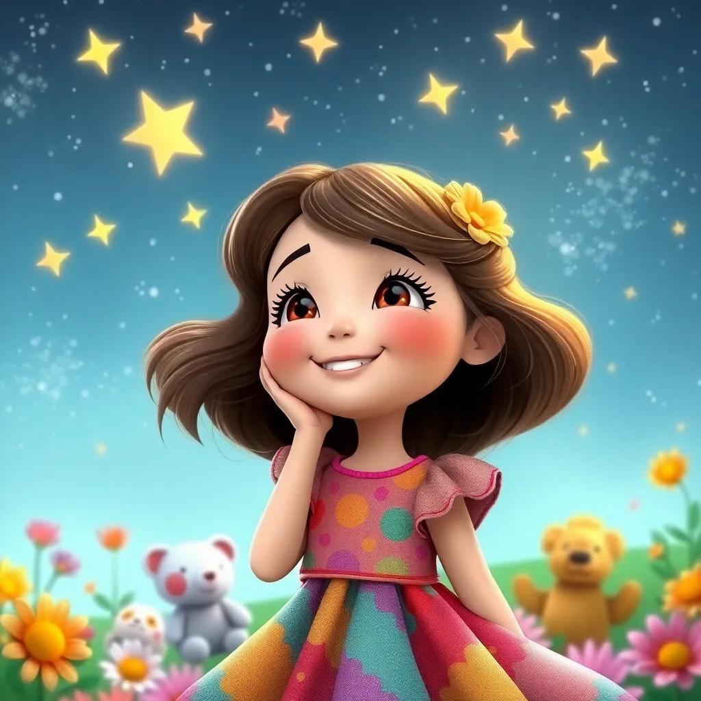 Ellie, a cheerful girl in a colorful dress, dreaming of magical lands with flowers and stuffed animals, stars twinkling in the sky, digital art, dreamy, imaginative, whimsical