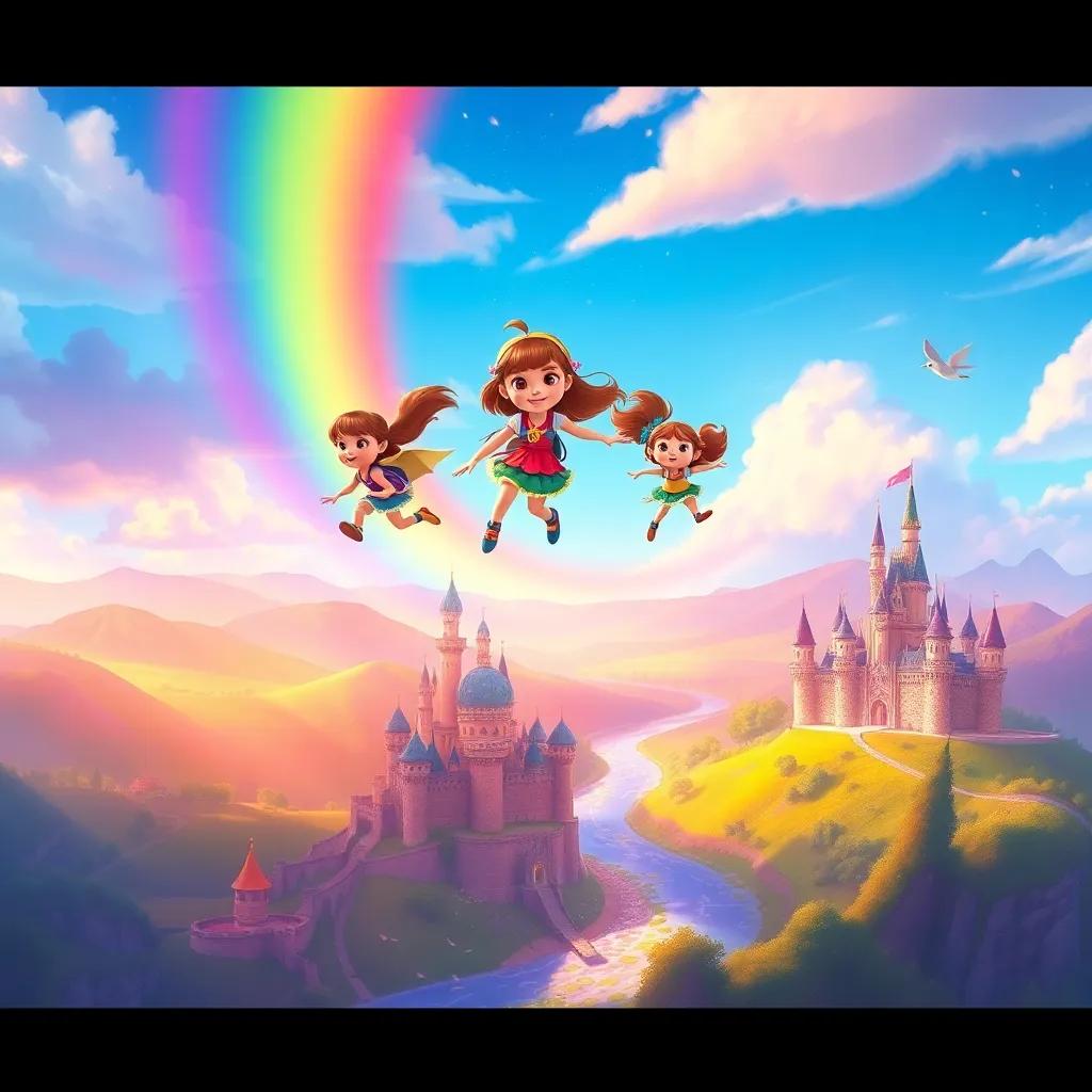 A grand adventure scene with Ellie and her friends soaring on a rainbow over magical lands, with colorful castles and sparkling rivers below, vibrant, imaginative, fantasy art