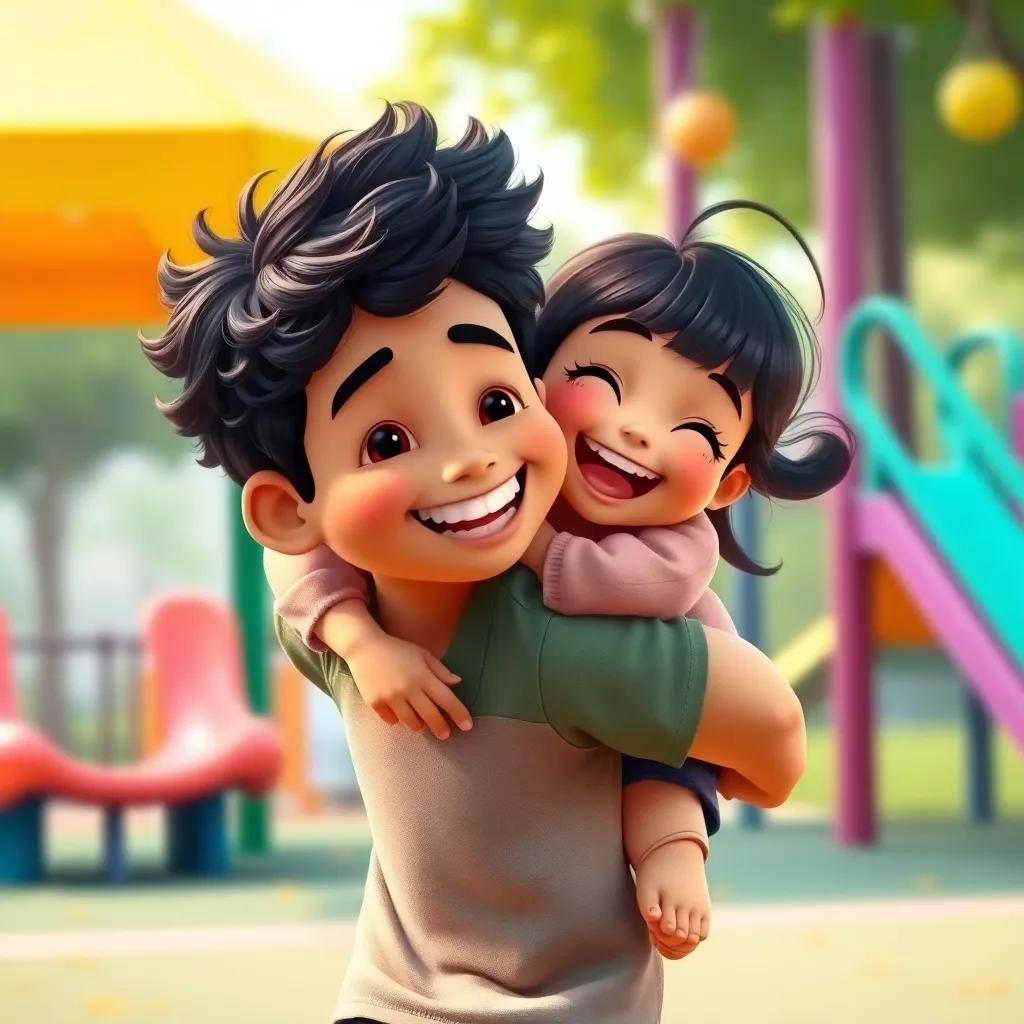 A boy, Shashank, with curly black hair and a bright smile, giving Ellie a piggyback ride, both of them laughing joyfully, a playground with colorful equipment in the background, vivid colors, inviting scene, illustration, high quality