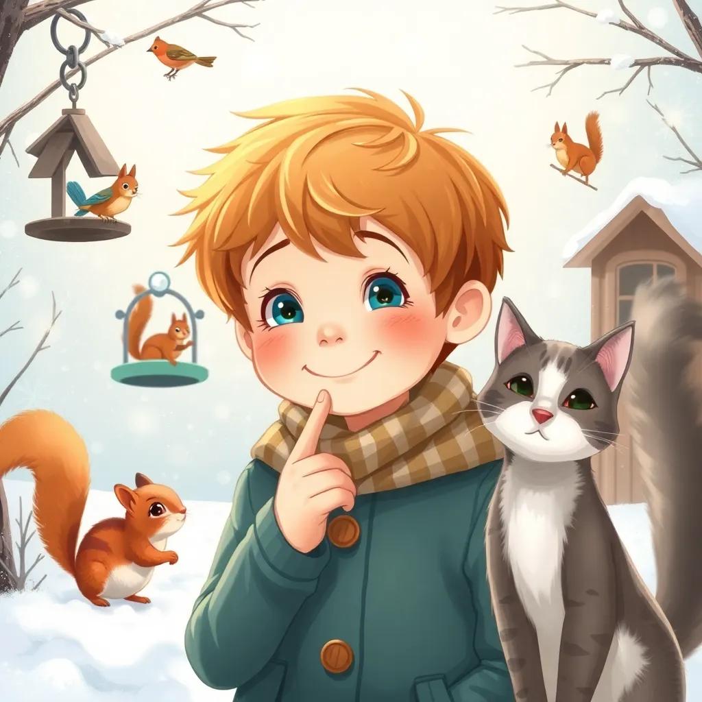 Elliott, a cheerful little boy with light brown hair and blue eyes, sniffing the cold air with determination, surrounded by bird feeders and curious squirrels, Ava the brown tabby and Lana the grey and white cat by his side, winter wonderland, detailed illustration, warm light, child-friendly, high quality