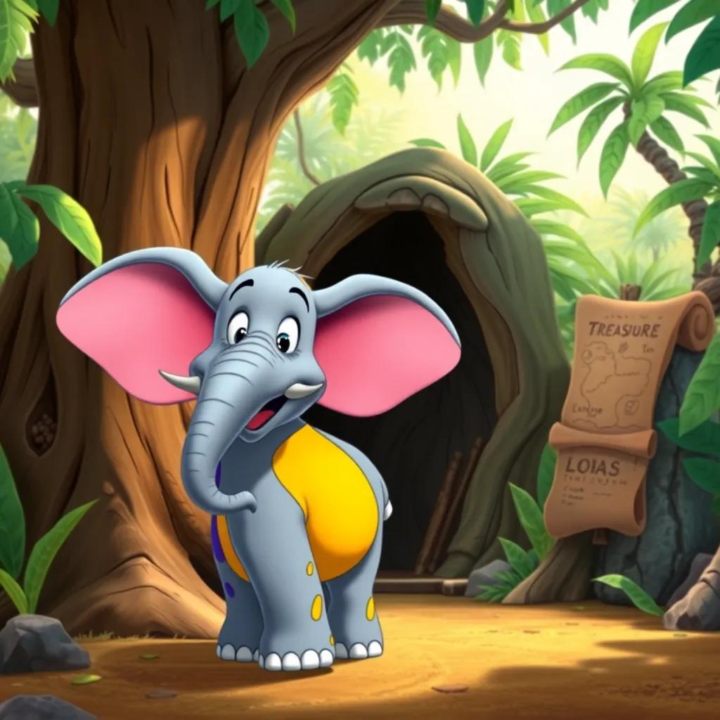 Elmer the elephant, a big grey elephant with colorful patches, standing excitedly beside a hollow tree with a treasure map, jungle setting, bright colors, cheerful atmosphere, high quality