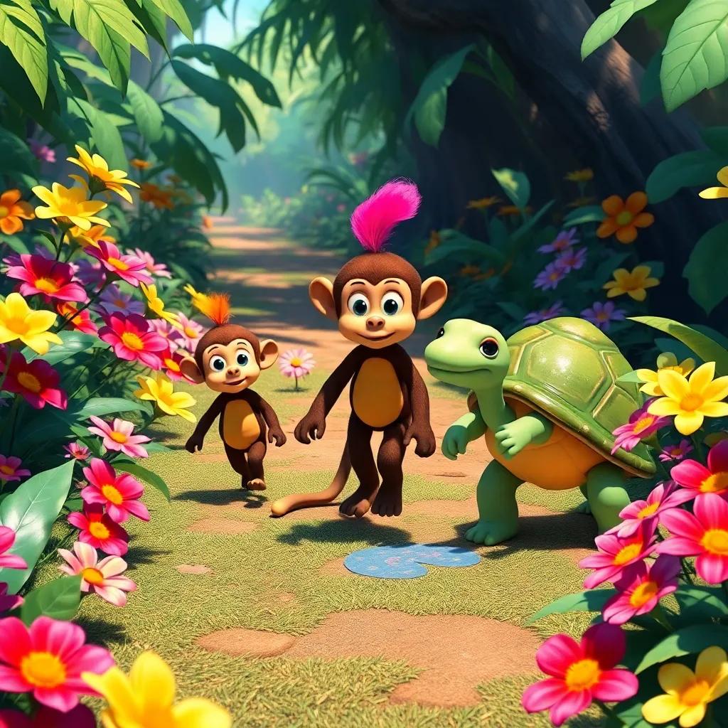Elmer and his friends, Momo the monkey, a small brown monkey, and Tilly the turtle, a green turtle with a shiny shell, walking on a jungle path surrounded by colorful flowers, sunny day, detailed digital art, vibrant colors, engaging scene, high quality