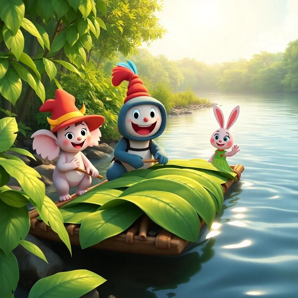 Elmer, Momo, and Tilly building a raft from big green leaves by a deep river, working together with big smiles, the sun shining down, cheerful atmosphere, high quality