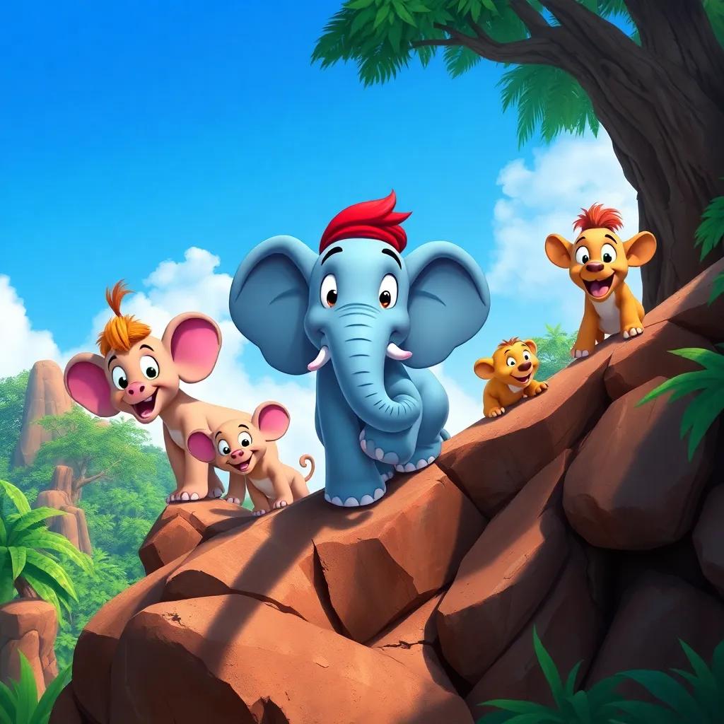 Elmer the elephant and his friends climbing a rocky hill, determined expressions on their faces, bright blue sky, vibrant jungle in the background, teamwork theme, detailed illustration, high quality