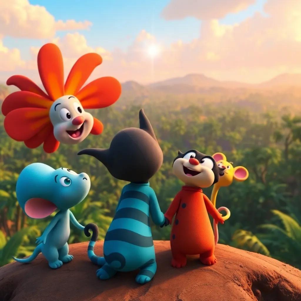 Elmer, Momo, and Tilly looking at a sparkling spot from the top of a hill, excited expressions, jungle landscape below, colorful, bright colors, happy adventure backdrop, high quality