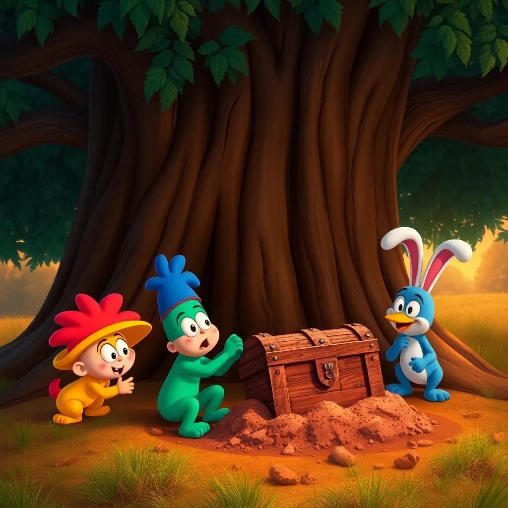 Elmer, Momo, and Tilly digging under a big shady tree, dirt flying as they uncover an old wooden treasure chest, look of surprise and excitement, glowing sunset, engaging scene, high quality