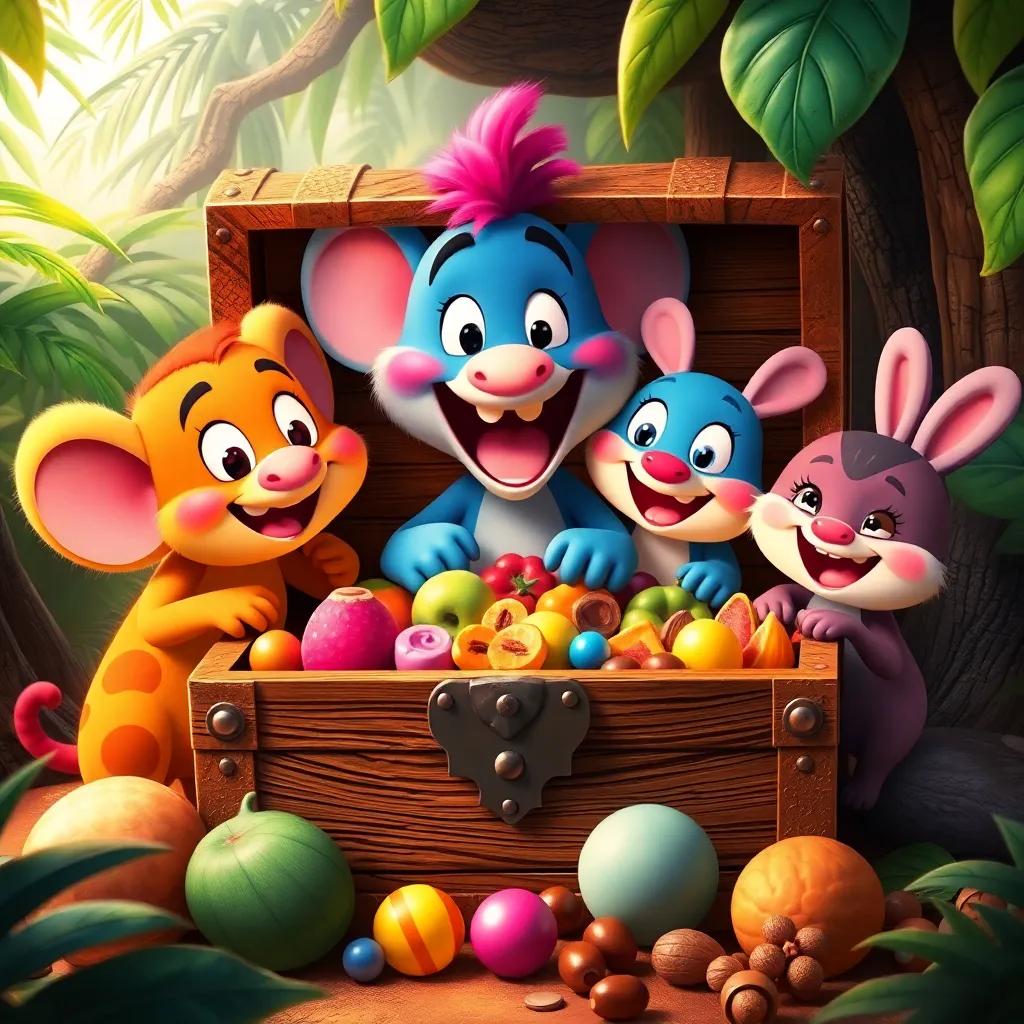 Elmer, Momo, and Tilly opening the treasure chest filled with juicy fruits, crunchy nuts, and colorful candies, happy expressions, surrounded by jungle, warm light, detailed illustration, high quality