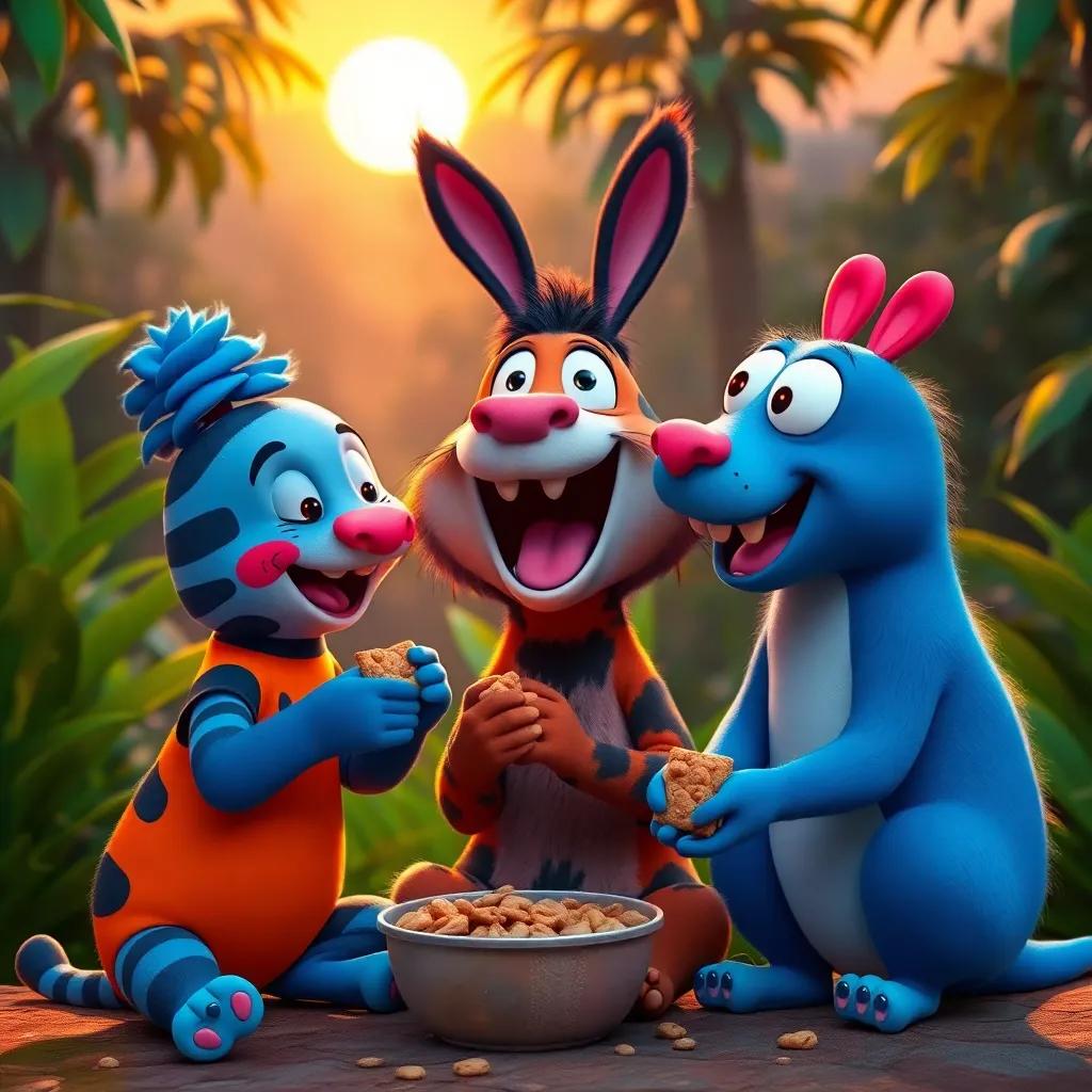 Elmer, Momo, and Tilly sharing treats, laughing together under the setting sun, jungle background, colorful and warm atmosphere, high quality