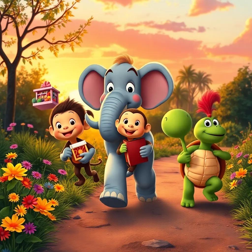 Elmer the elephant, Momo the monkey, and Tilly the turtle walking home together, filled with treasures, colorful flowers along the path, sunset glow, joyful expressions, heartwarming scene, high quality