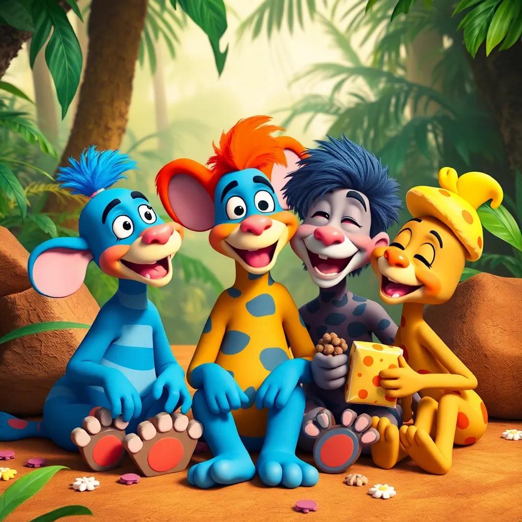Elmer and his friends celebrating their adventure, sitting together with treats around them, jungle backdrop, smiles and laughter, warm colors, cherished friendship moment, high quality