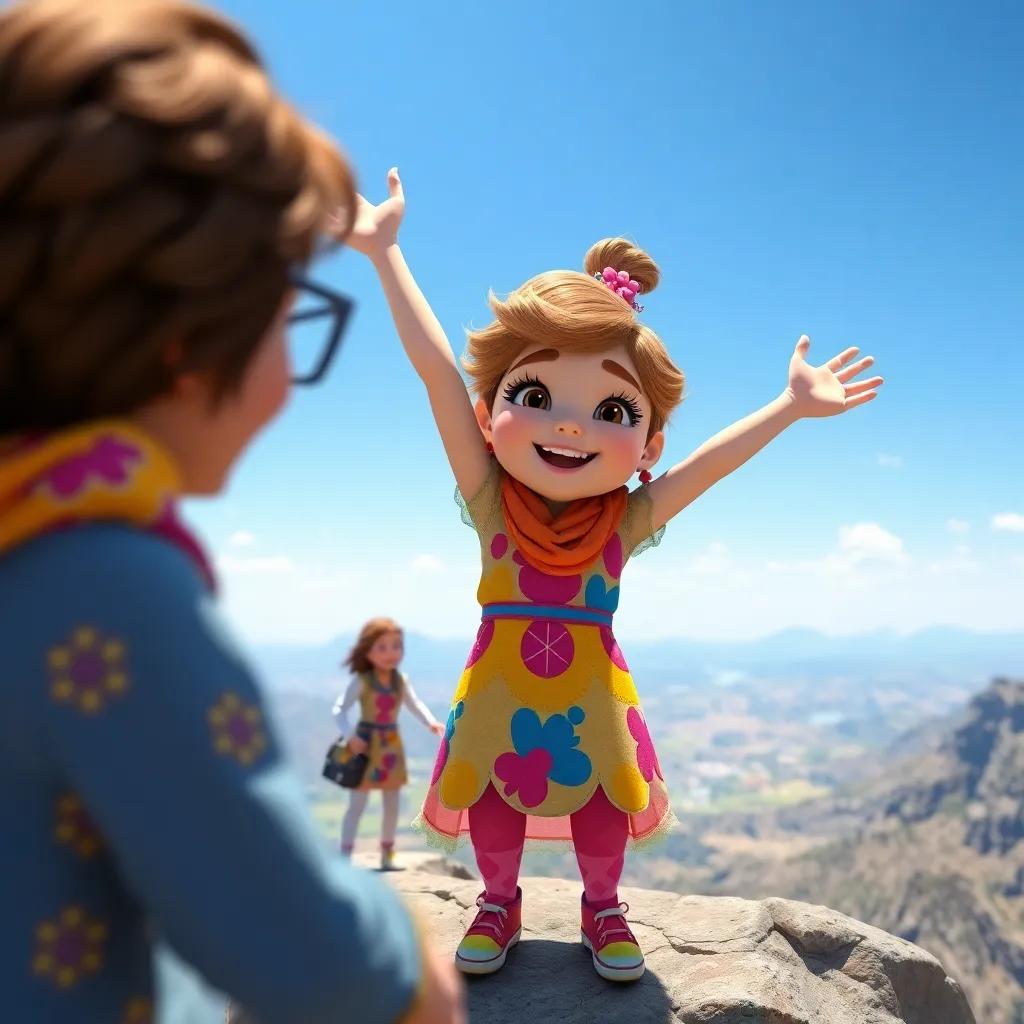 Aiza, a jolly girl with light brown hair and a colorful dress, celebrating at the mountain top with Emaan and Amna, showing excitement, bright blue sky, panoramic view, vibrant, happy atmosphere, detailed