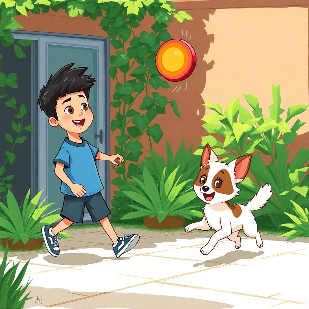 Emiliano, un niño latino de 5 años, lanzando un frisbee en el patio, Nuci, una perrita pequeña con orejas marrones y pelaje blanco, corriendo tras el frisbee, vegetación verde y soleada, felicidad, escena dinámica, ilustración divertida, colorida, llena de vida