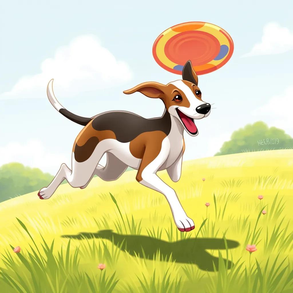 A fast whippet dog named Emilio, small and graceful, running on a grassy field with a colorful frisbee, sunny day, cheerful atmosphere, vibrant colors, digital art, playful scene, high quality