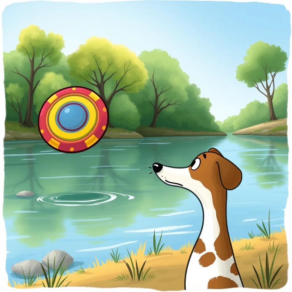 Emilio the whippet, looking surprised as he watches a colorful frisbee floating down the river, trees and blue sky in the background, illustration, calm and serene, child-friendly, high quality