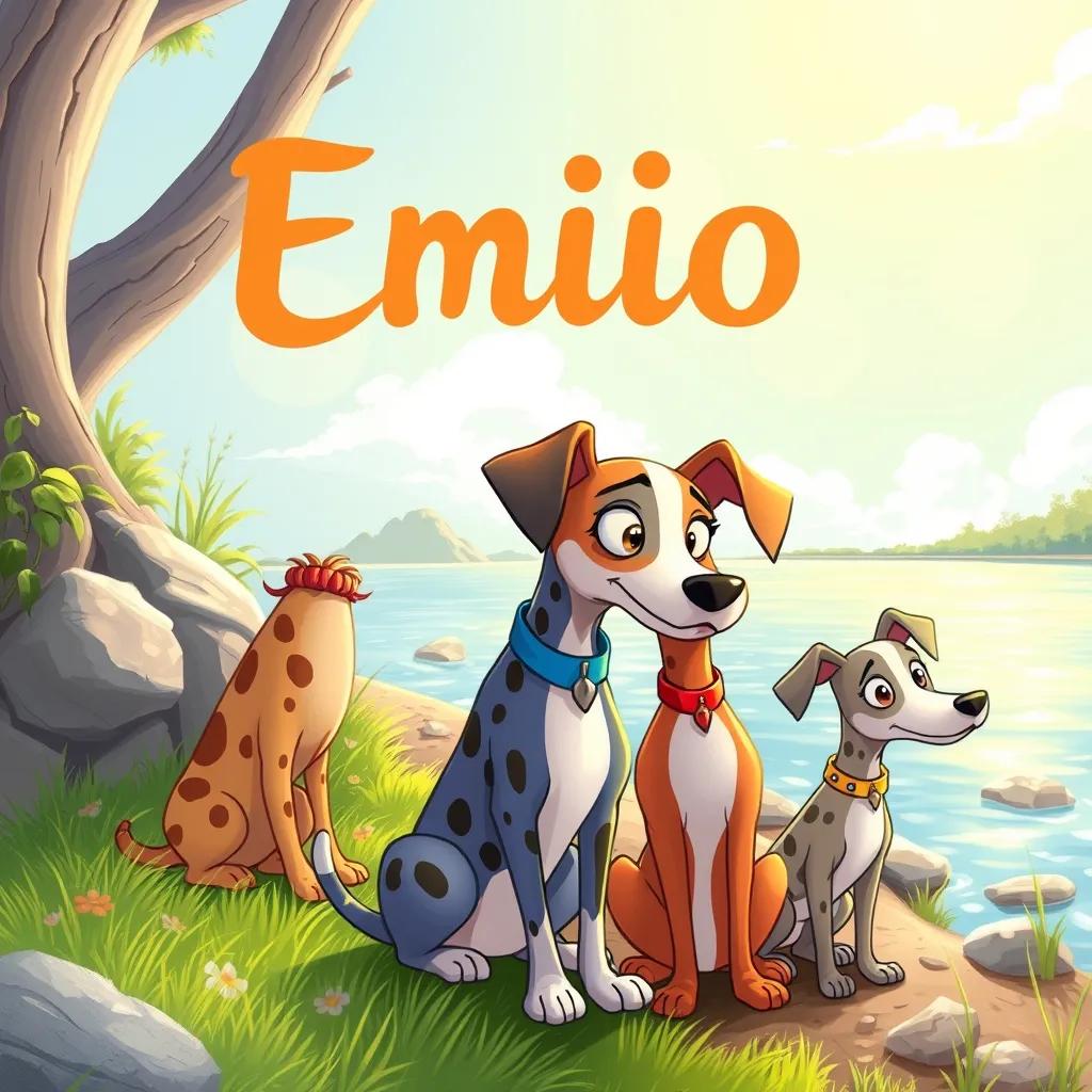 Emilio, the fast whippet, looking sad with his friends by the riverbank, vibrant colors, concerned expressions, bright sunny day, warm light, illustration, high quality