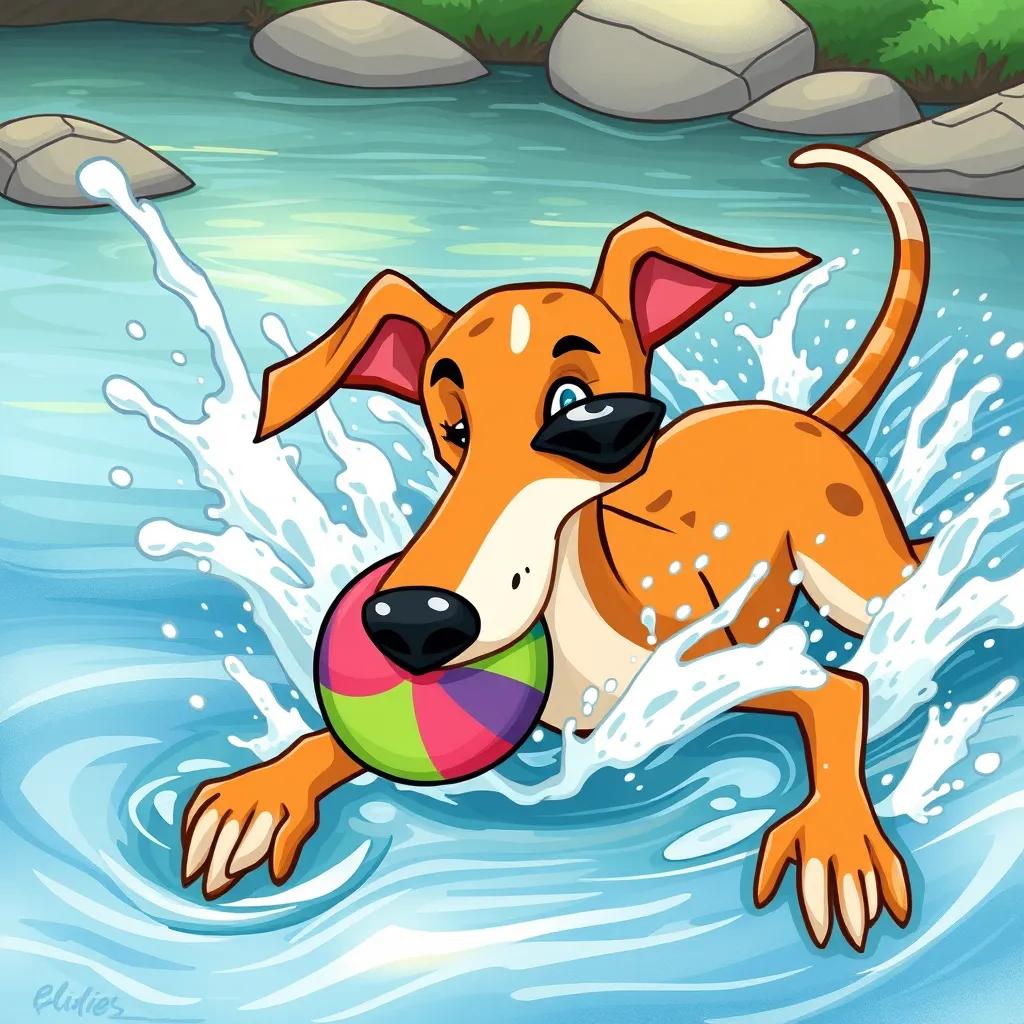 Emilio the whippet, swimming in a river, determined expression, colorful frisbee in his mouth, splashes of water around him, illustration, dynamic, exciting scene, bright colors, high quality