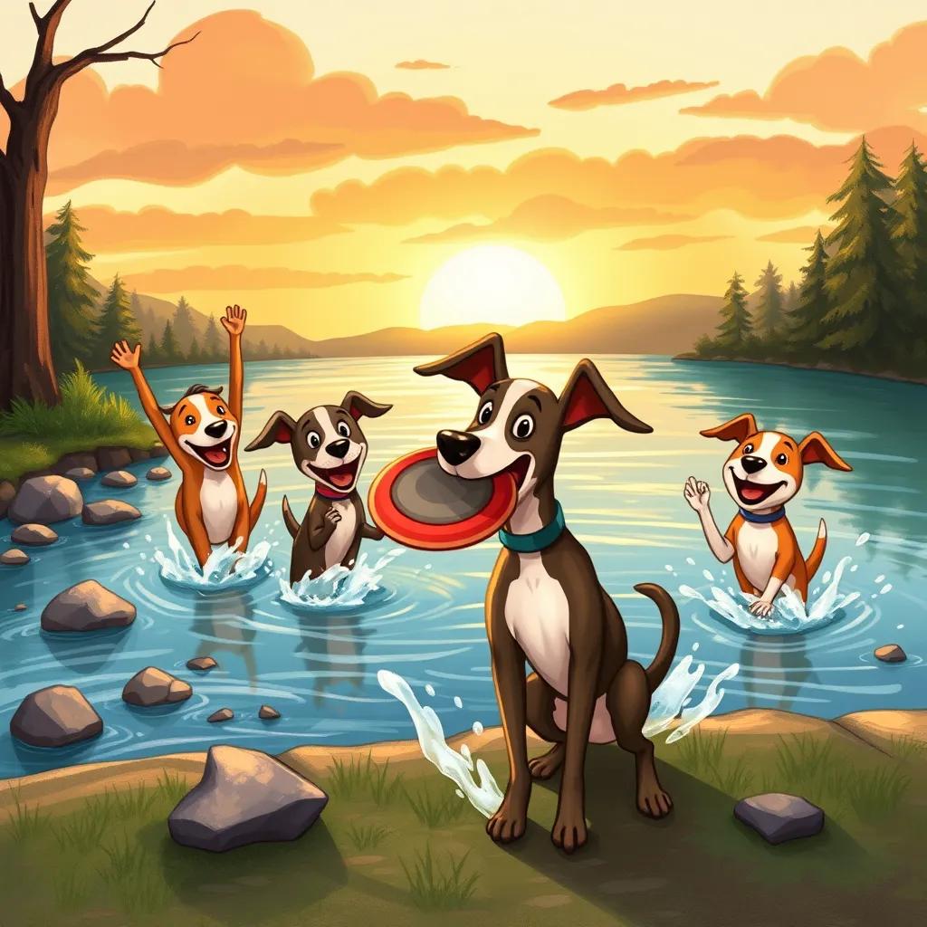 Emilio the whippet, now back on the riverbank with his friends, all cheering joyfully with the frisbee in Emilio's mouth, vibrant colors, warm sunset light, heartwarming scene, high quality