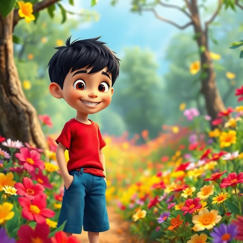 A brave boy named Emilio, with short black hair, wearing a red t-shirt and blue shorts, standing in a colorful flower-filled forest, smiling at his mother, vibrant colors, cheerful atmosphere, high quality